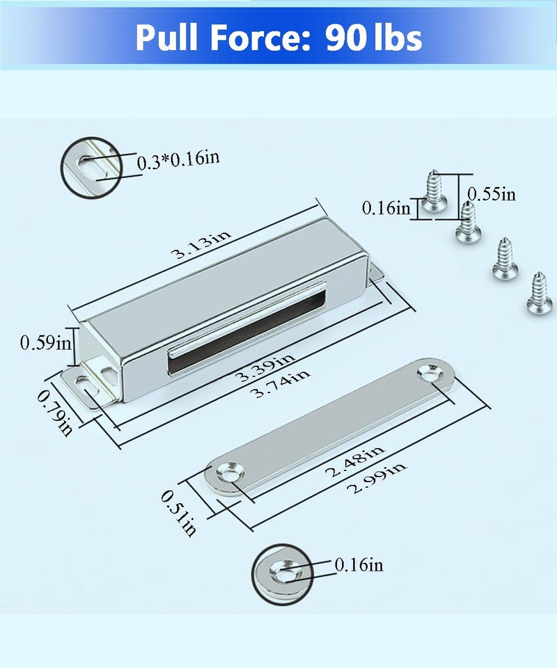 WOOCH Door Magnetic Catch - 90lb High Magnetic Stainless Steel Heavy Duty Catch for Kitchen Bathroom Cupboard Wardrobe Closet Closures Cabinet Door Drawer Latch (3.7 in Silver, 2-Pack) - Image 2